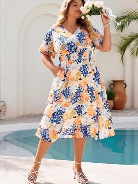 Hanna Nikole Floral V-Neck Midi Dress in White, Blue & Coral 16W